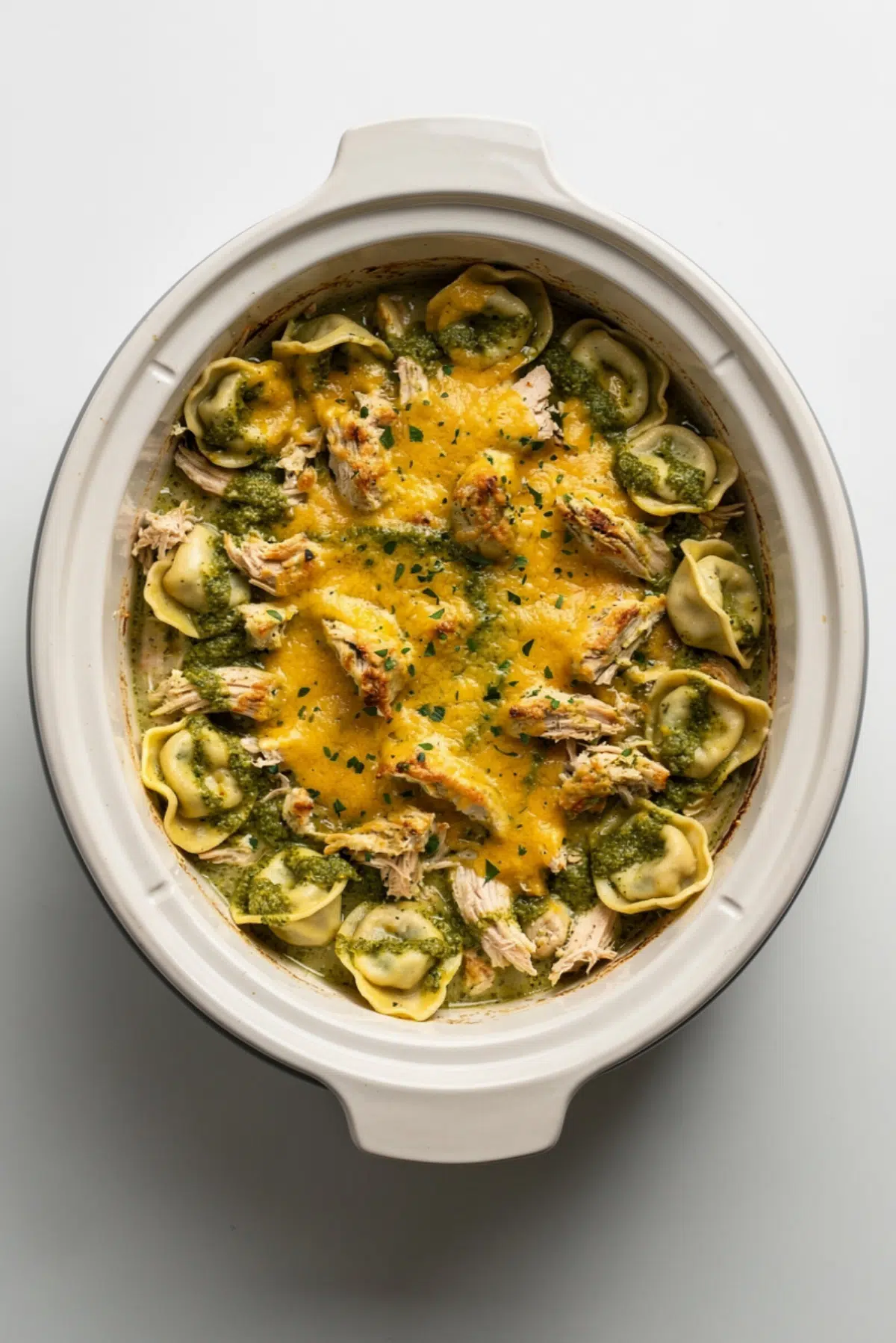 Slow Cooker Tortellini Casserole with Cheesy Chicken & Pesto