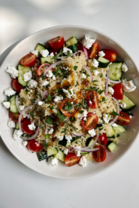 Mediterranean Couscous Salad with Hot Honey Lemon Vinaigrette