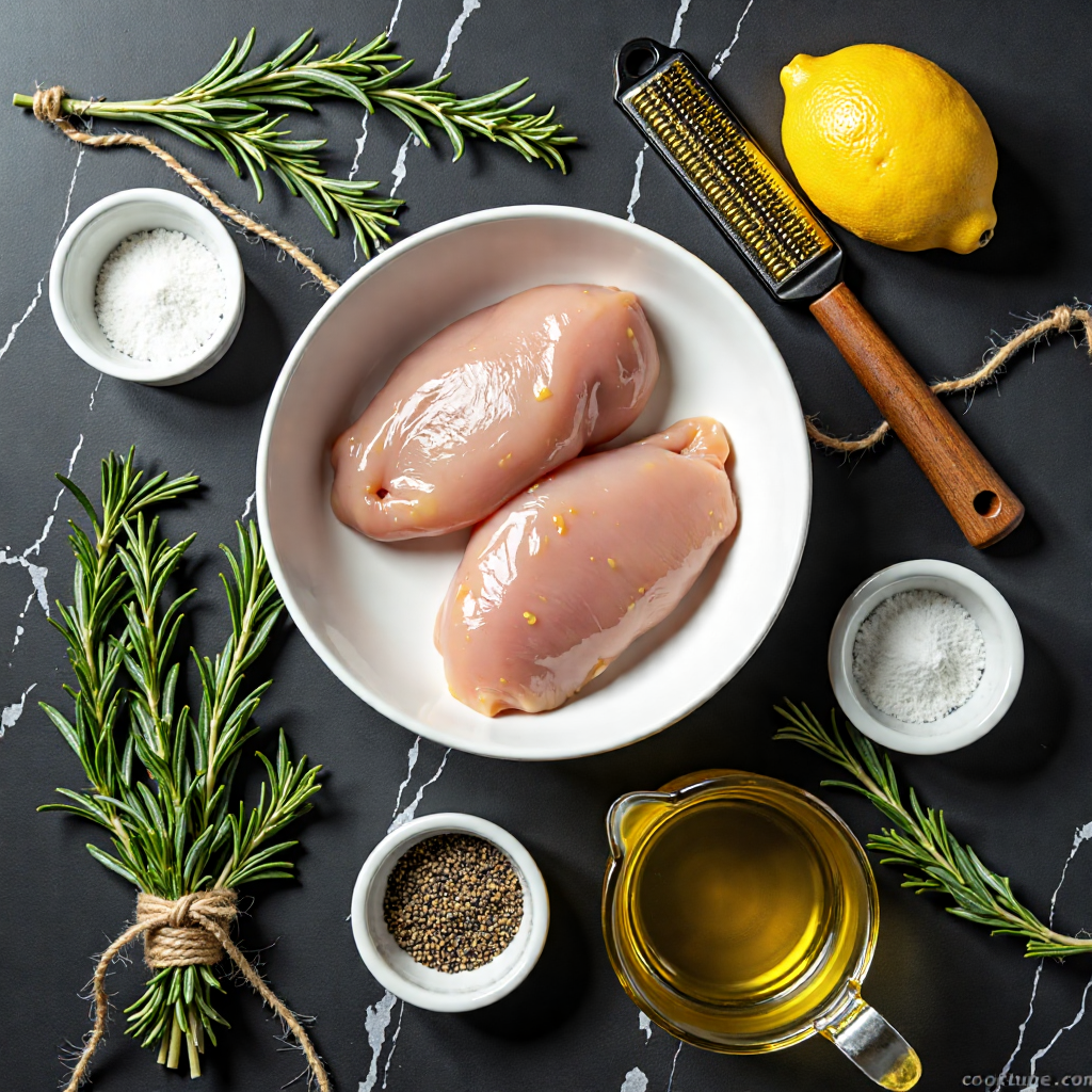 Raw ingredients for high protein grilled chicken breast with lemon zest — chicken breasts, lemon, olive oil, and spices arranged in white bowls and ceramic ramekins on black marble